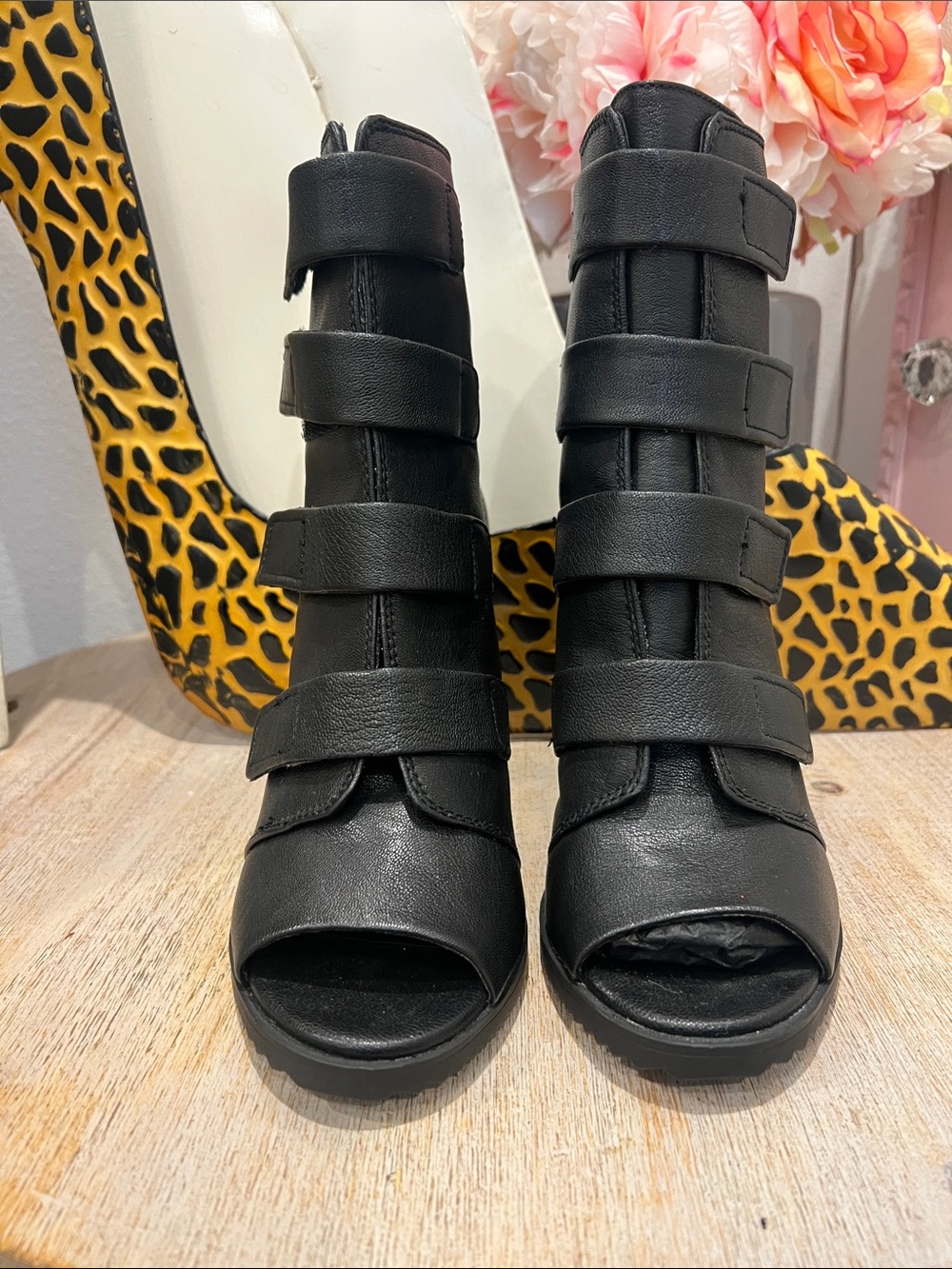 DKNY Blake Black Leather & Mesh Zipper Heel Peep-Toe. Size 9